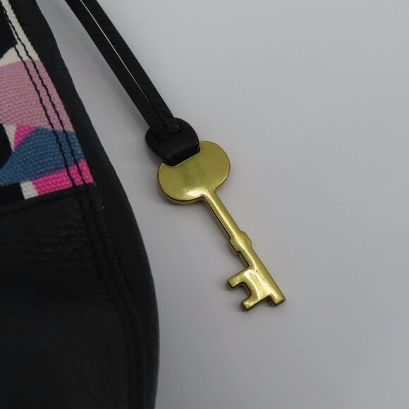 Fossil Maya Hobo Black Pebbled Leather Stripe Flower Floral Canvas Shoulder Bag - Picture 4 of 16